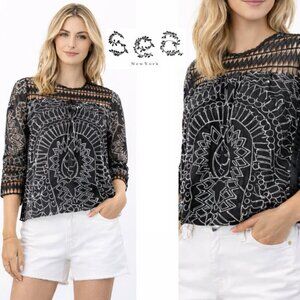 Sea New York Black Eyelet Blouse Sheer Crochet Panels Size 2